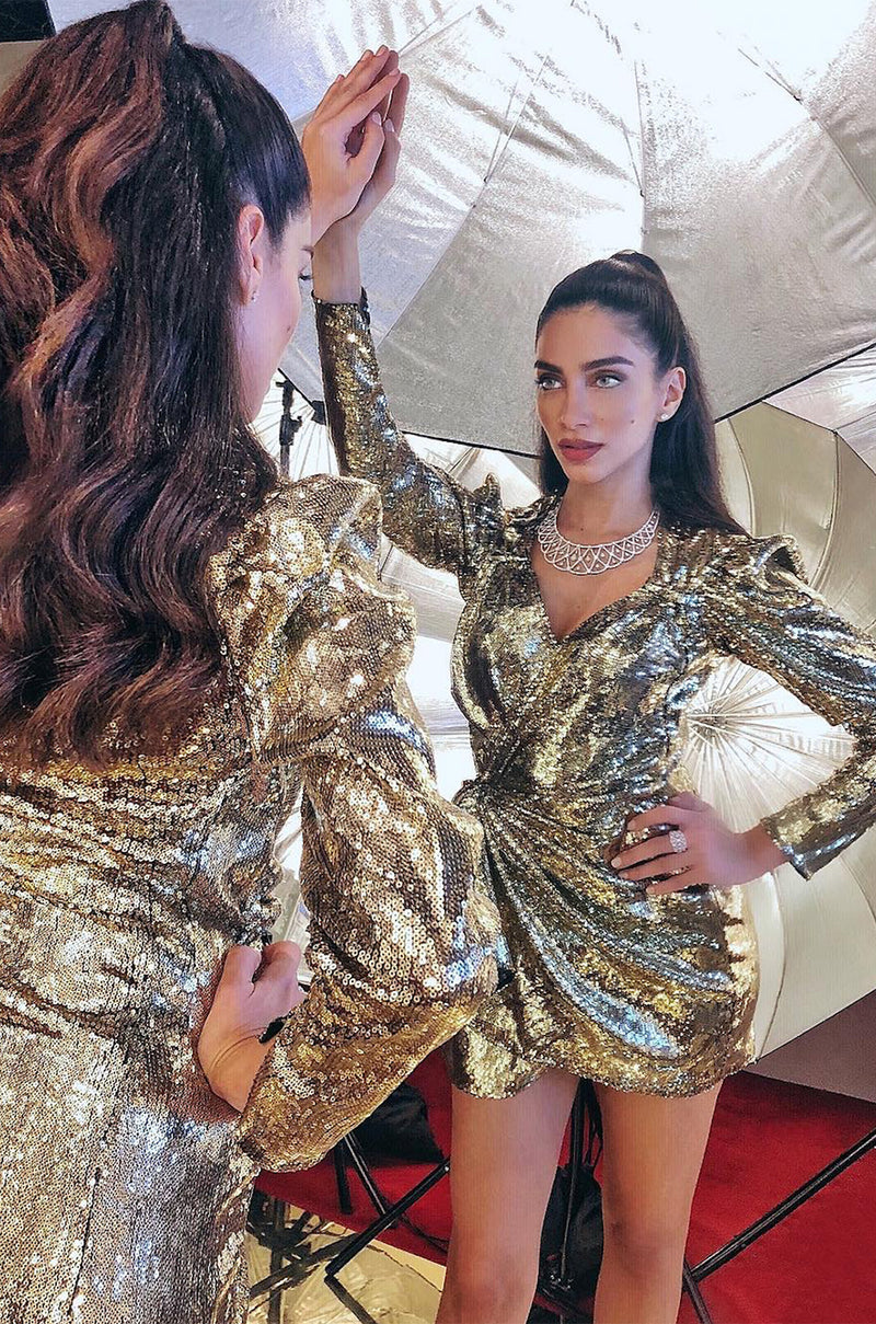 Exclusive 2018 Attico for Luisaviaroma Gold Sequin Wrapped Plunging Mini Dress