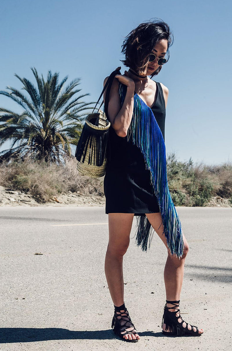 Spring 2016 Christopher Kane Runway Blue Fringe on Black Mini