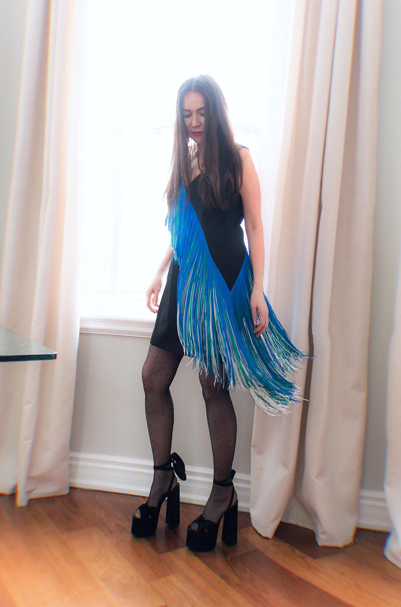 Spring 2016 Christopher Kane Runway Blue Fringe on Black Mini Dress – Shrimpton Couture