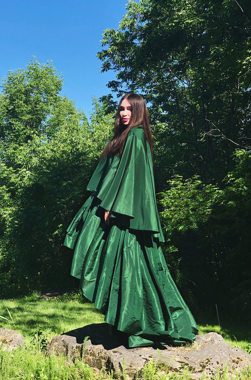 Rare 1977 Madame Gres Haute Couture Dress & Cape in a Deep Green Silk Taffeta