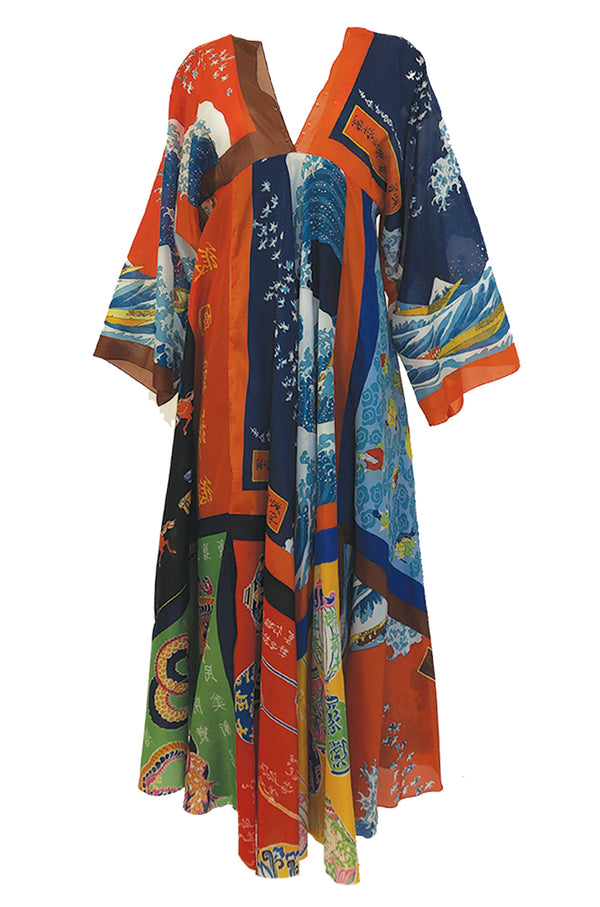 c.1972 LaVetta Plunging Front and Back Silk Scarf Print Caftan Dress