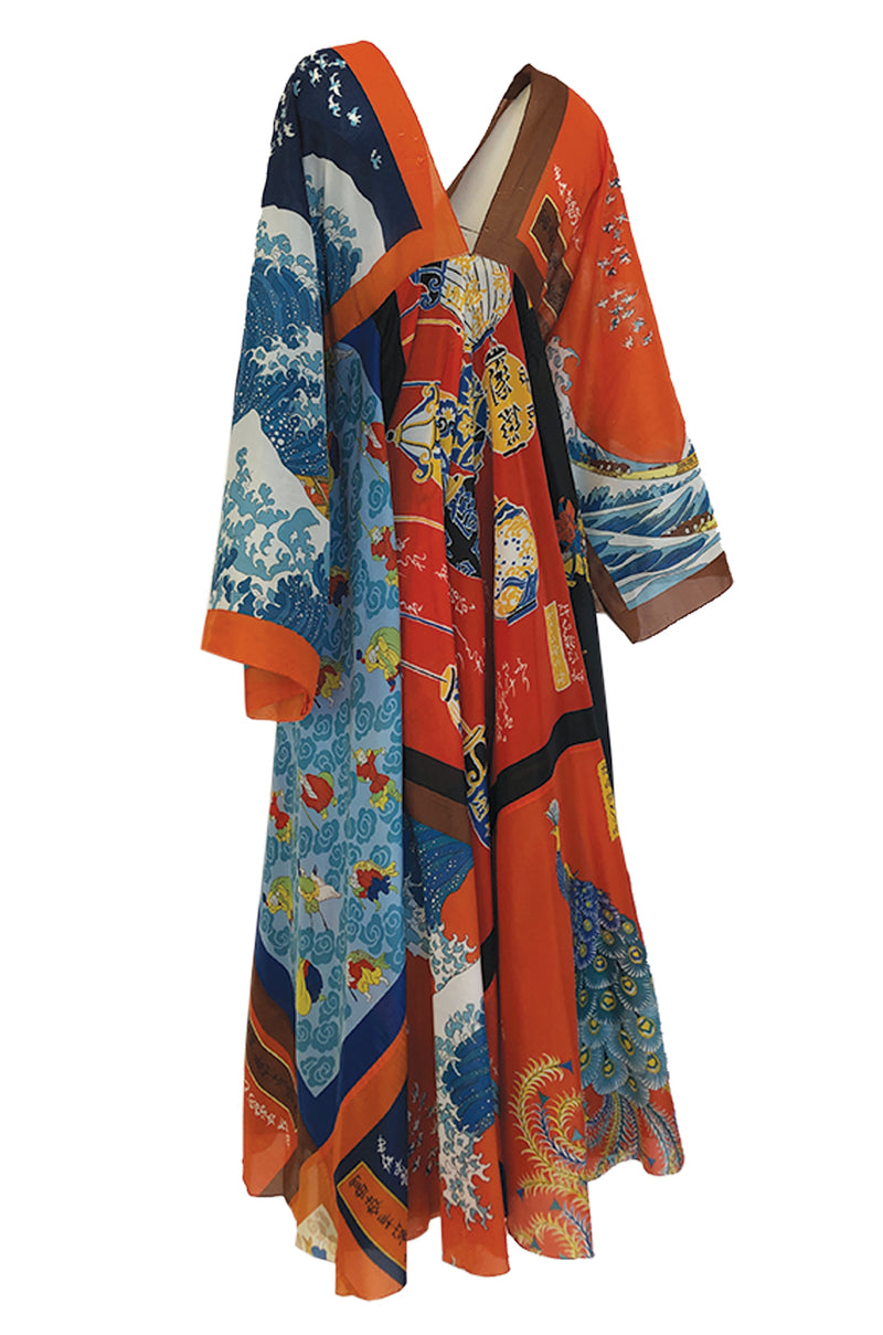 c.1972 LaVetta Plunging Front and Back Silk Scarf Print Caftan Dress ...