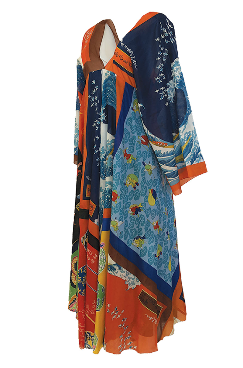 c.1972 LaVetta Plunging Front and Back Silk Scarf Print Caftan Dress