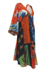 c.1972 LaVetta Plunging Front and Back Silk Scarf Print Caftan Dress