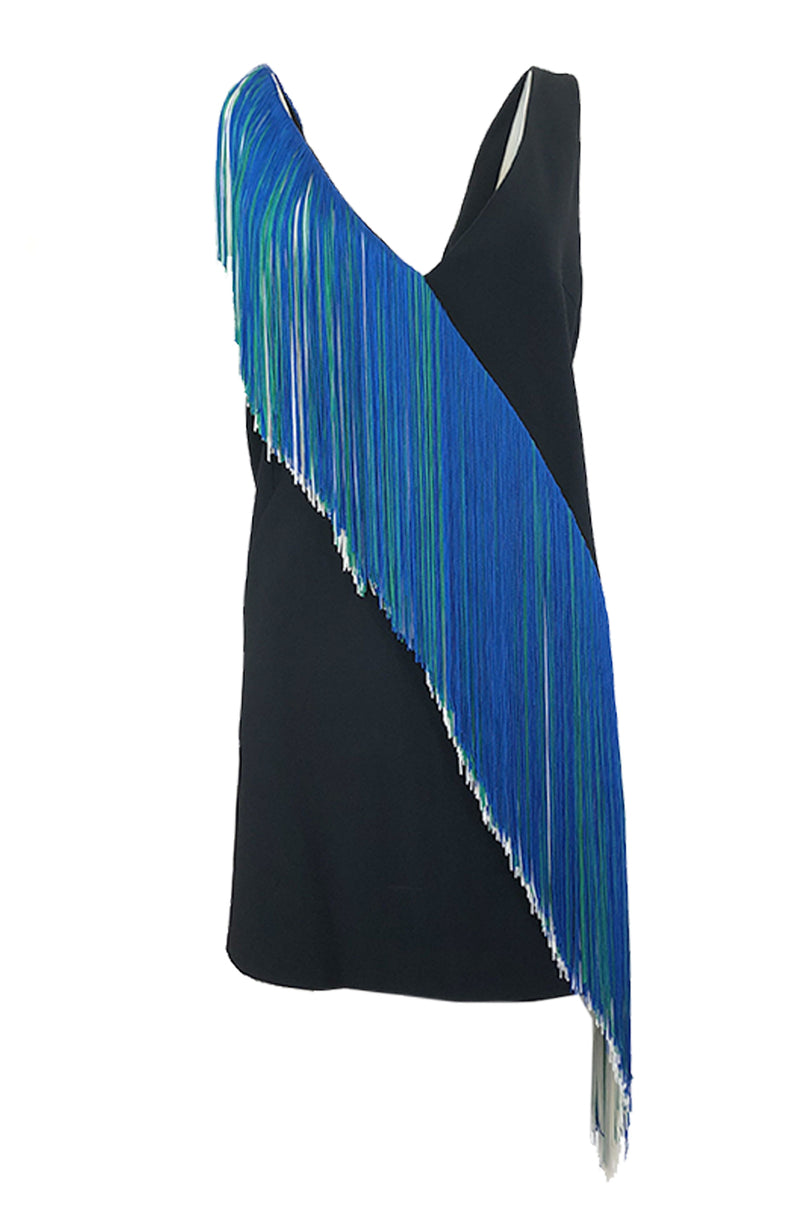 Spring 2016 Christopher Kane Runway Blue Fringe on Black Mini Dress Shrimpton Couture Spring 2016 Christopher Kane Runway Blue Fringe on Black Mini Dress Shrimpton Couture