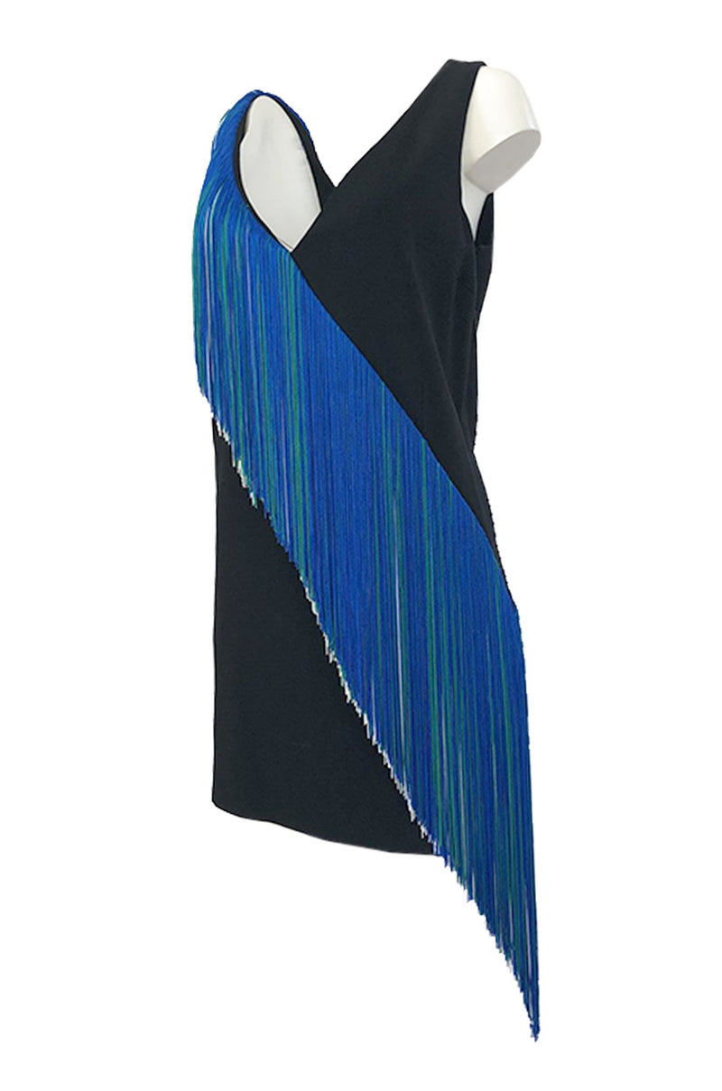 Spring 2016 Christopher Kane Runway Blue Fringe on Black Mini Dress
