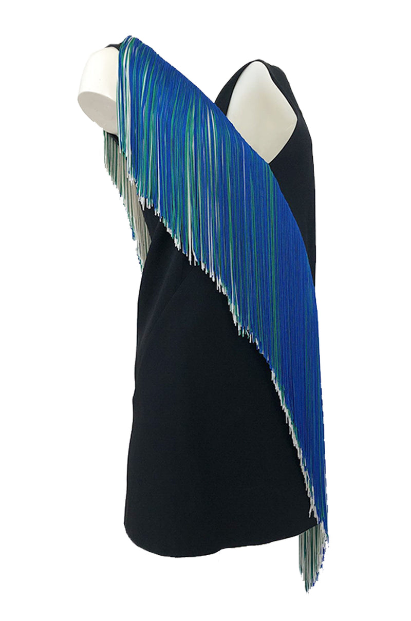 Spring 2016 Christopher Kane Runway Blue Fringe on Black Mini Dress