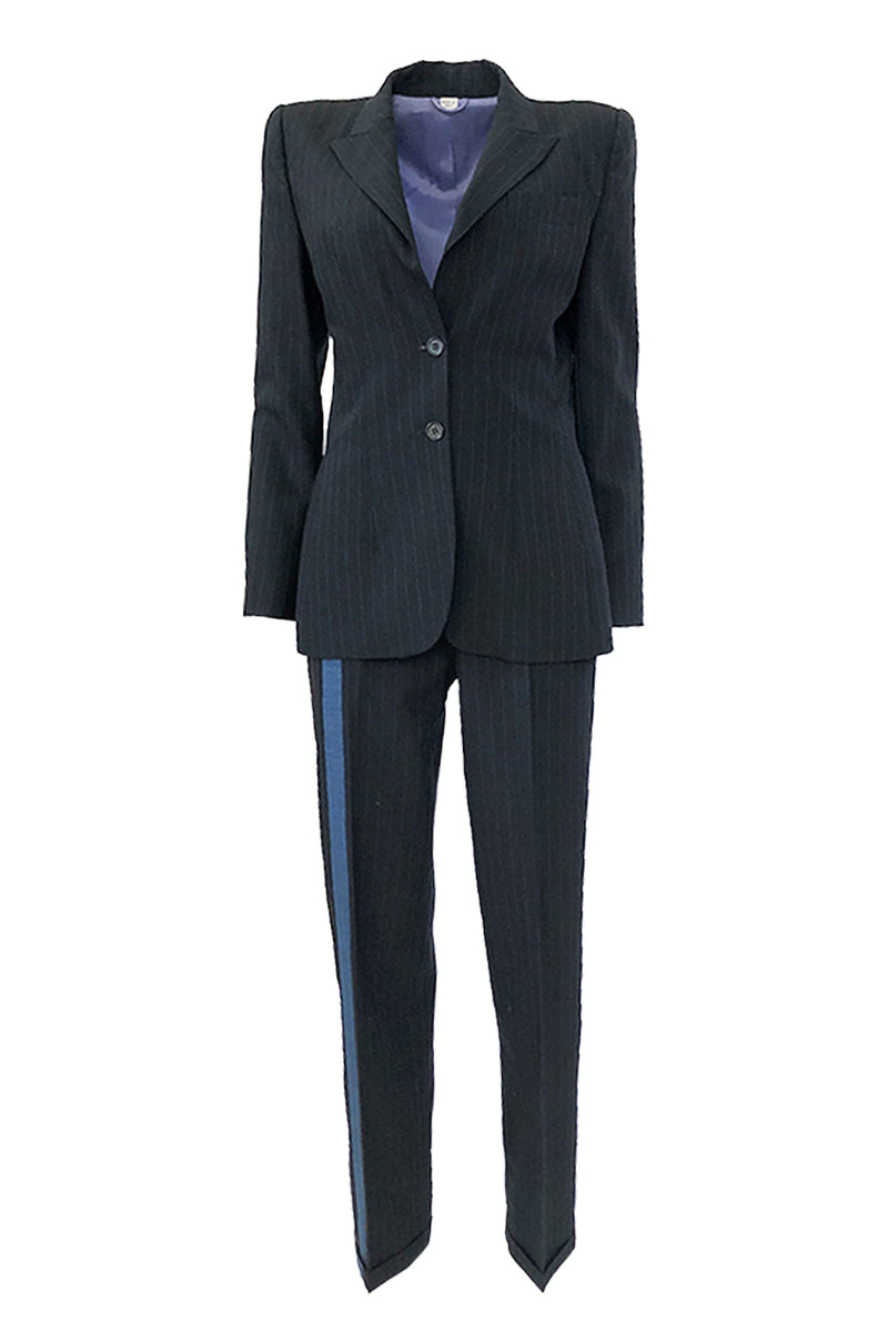 Spring 1998 Alexander McQueen 'Untitled' Collection Blue Detailed Pinstripe Suit