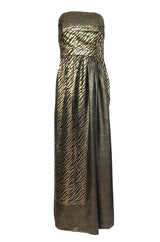 1970s Pauline Trigere Strapless Gold & Black Lame Dress w Huge Shawl