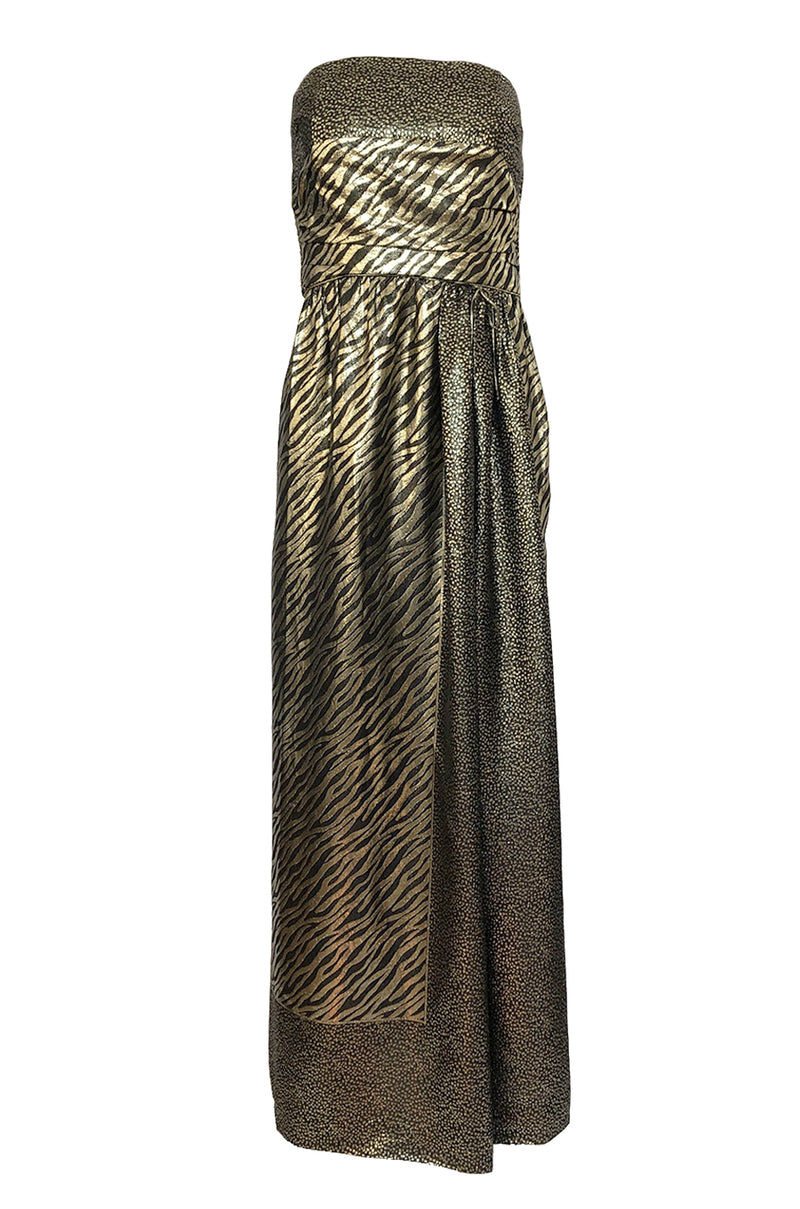 1970s Pauline Trigere Strapless Gold & Black Lame Dress w Huge Shawl