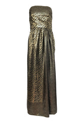 1970s Pauline Trigere Strapless Gold & Black Lame Dress w Huge Shawl