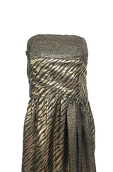 1970s Pauline Trigere Strapless Gold & Black Lame Dress w Huge Shawl
