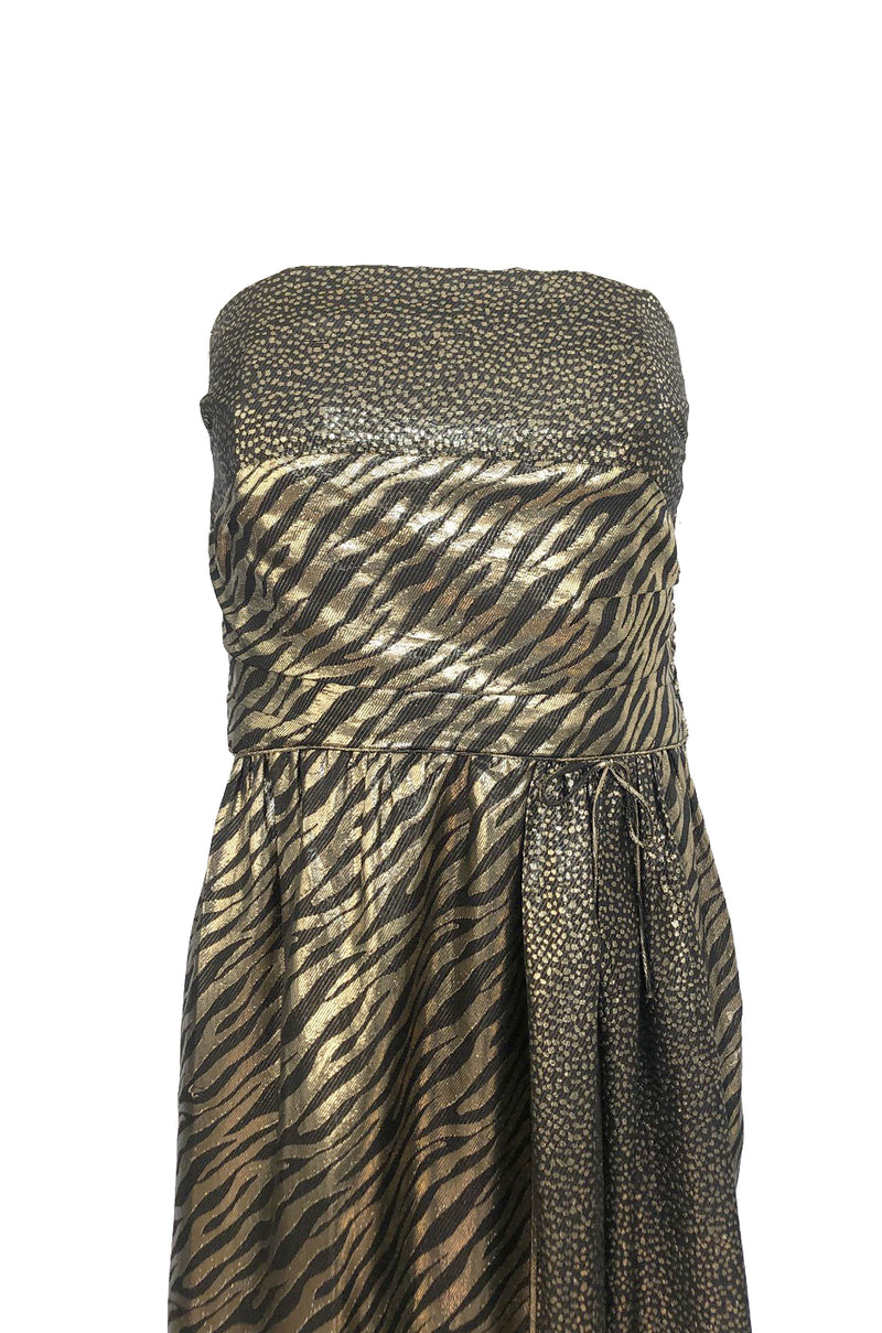 1970s Pauline Trigere Strapless Gold & Black Lame Dress w Huge Shawl