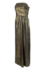1970s Pauline Trigere Strapless Gold & Black Lame Dress w Huge Shawl