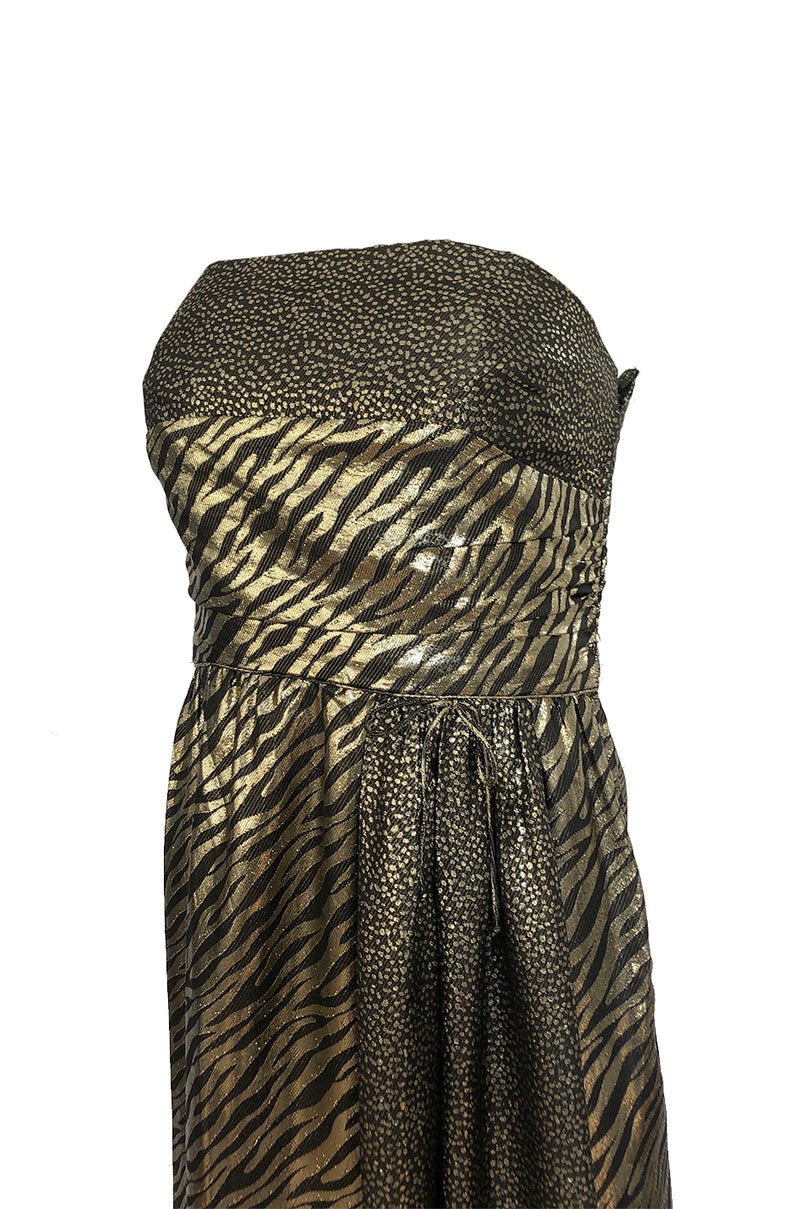 1970s Pauline Trigere Strapless Gold & Black Lame Dress w Huge Shawl