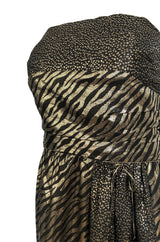 1970s Pauline Trigere Strapless Gold & Black Lame Dress w Huge Shawl