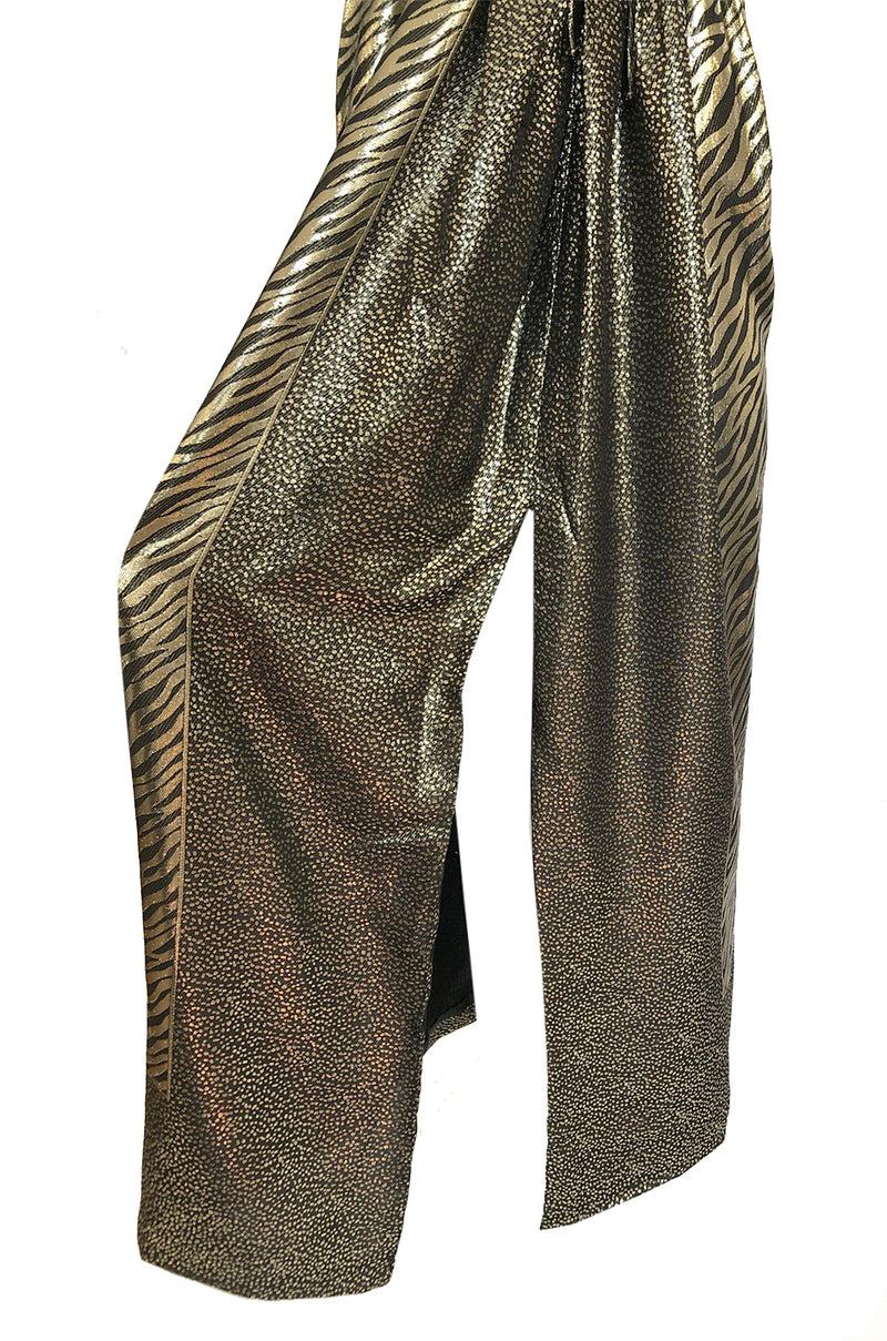 1970s Pauline Trigere Strapless Gold & Black Lame Dress w Huge Shawl