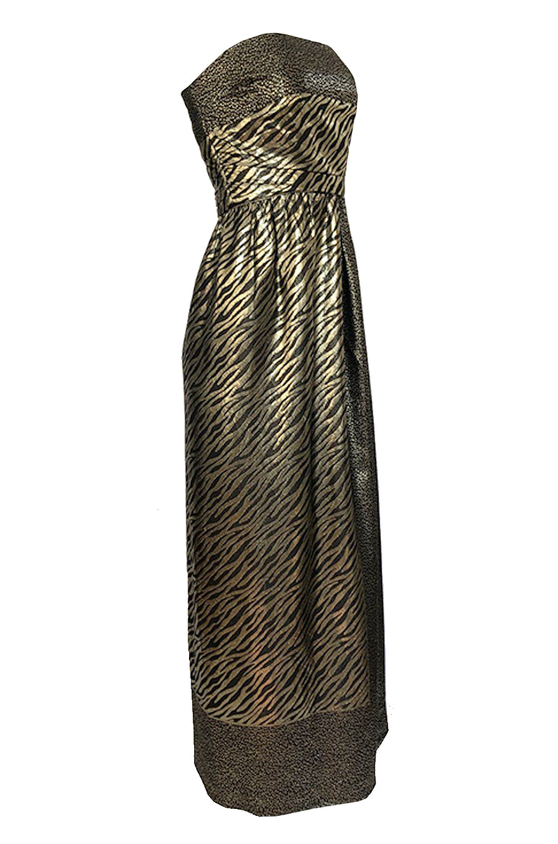 1970s Pauline Trigere Strapless Gold & Black Lame Dress w Huge Shawl