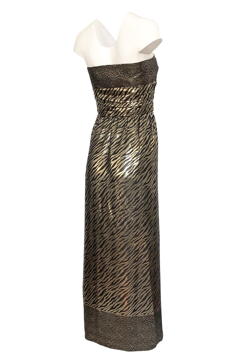 1970s Pauline Trigere Strapless Gold & Black Lame Dress w Huge Shawl