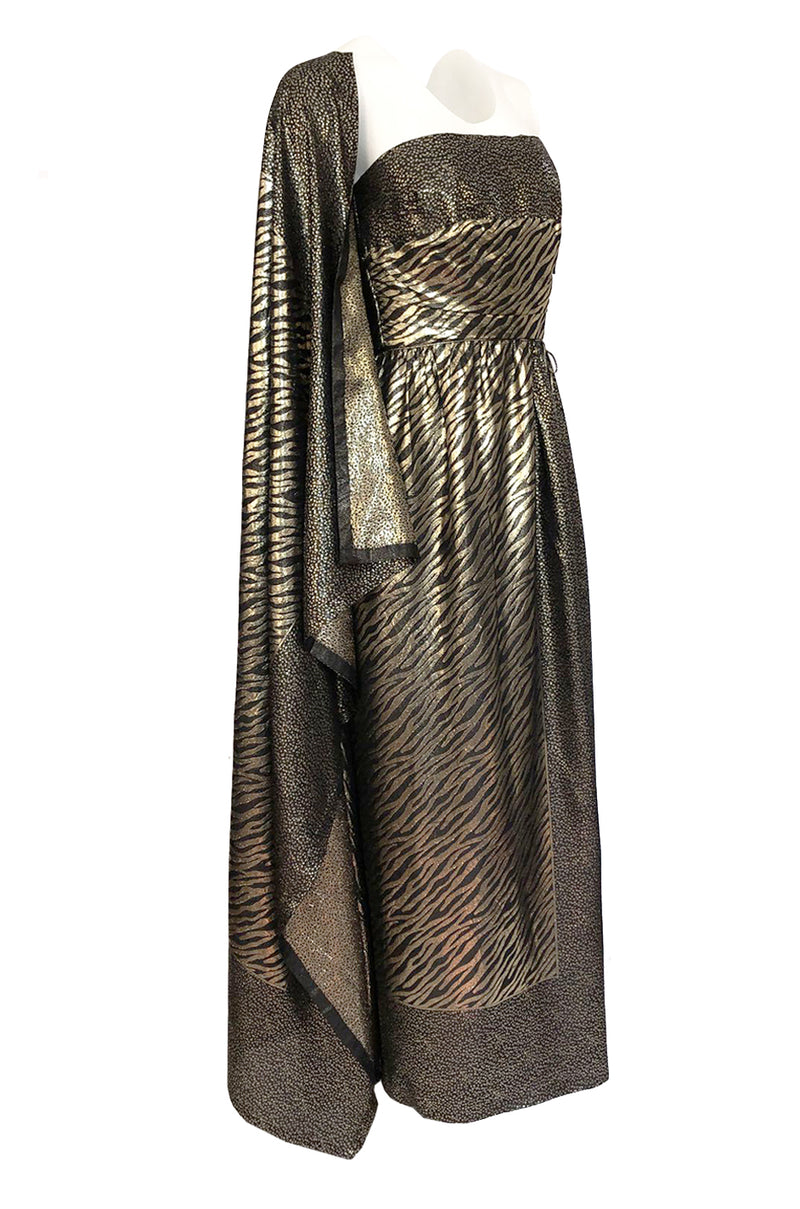 1970s Pauline Trigere Strapless Gold & Black Lame Dress w Huge Shawl
