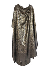 1970s Pauline Trigere Strapless Gold & Black Lame Dress w Huge Shawl