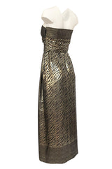 1970s Pauline Trigere Strapless Gold & Black Lame Dress w Huge Shawl