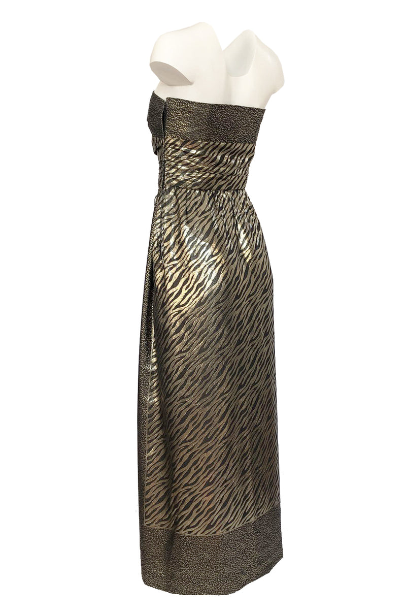 1970s Pauline Trigere Strapless Gold & Black Lame Dress w Huge Shawl