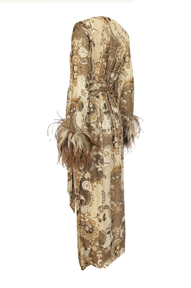 c.1976 Bill Blass Couture Metallic Gold Lurex Knit Dress w Feather Cuffs