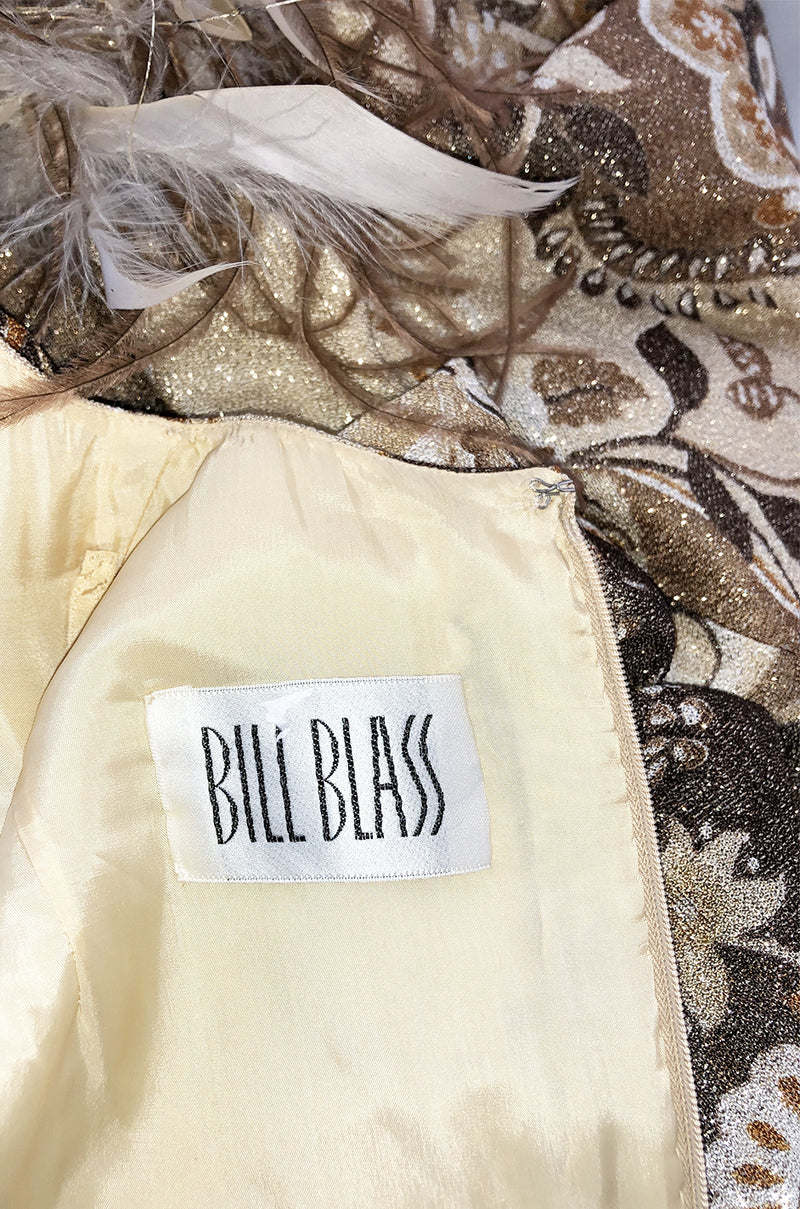 c.1976 Bill Blass Couture Metallic Gold Lurex Knit Dress w Feather Cuffs