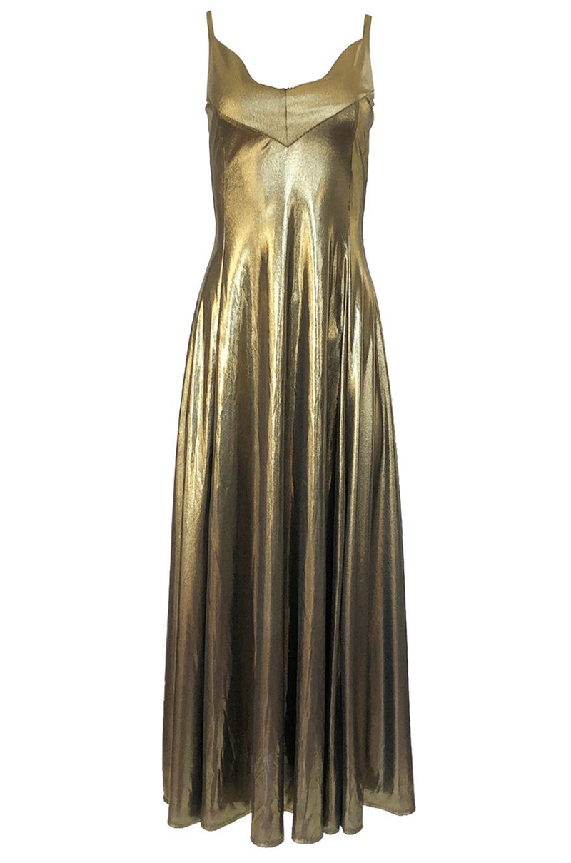1980s Nina Ricci Liquid Gold Stretch Lame Jersey Dance Dress