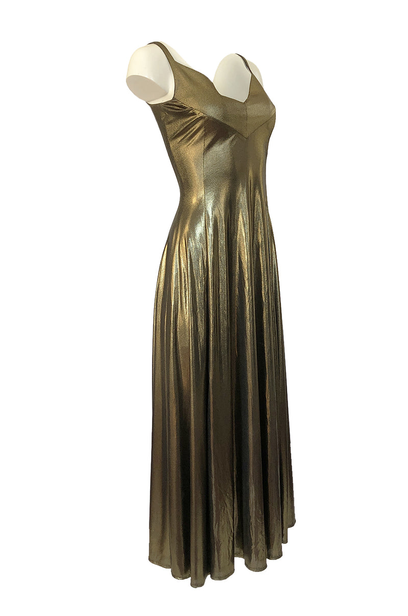 1980s Nina Ricci Liquid Gold Stretch Lame Jersey Dance Dress
