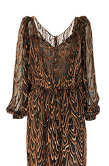 1980s Oscar de la Renta Copper & Metallic Fused Velvet & Silk Chiffon Dress