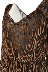 1980s Oscar de la Renta Copper & Metallic Fused Velvet & Silk Chiffon Dress