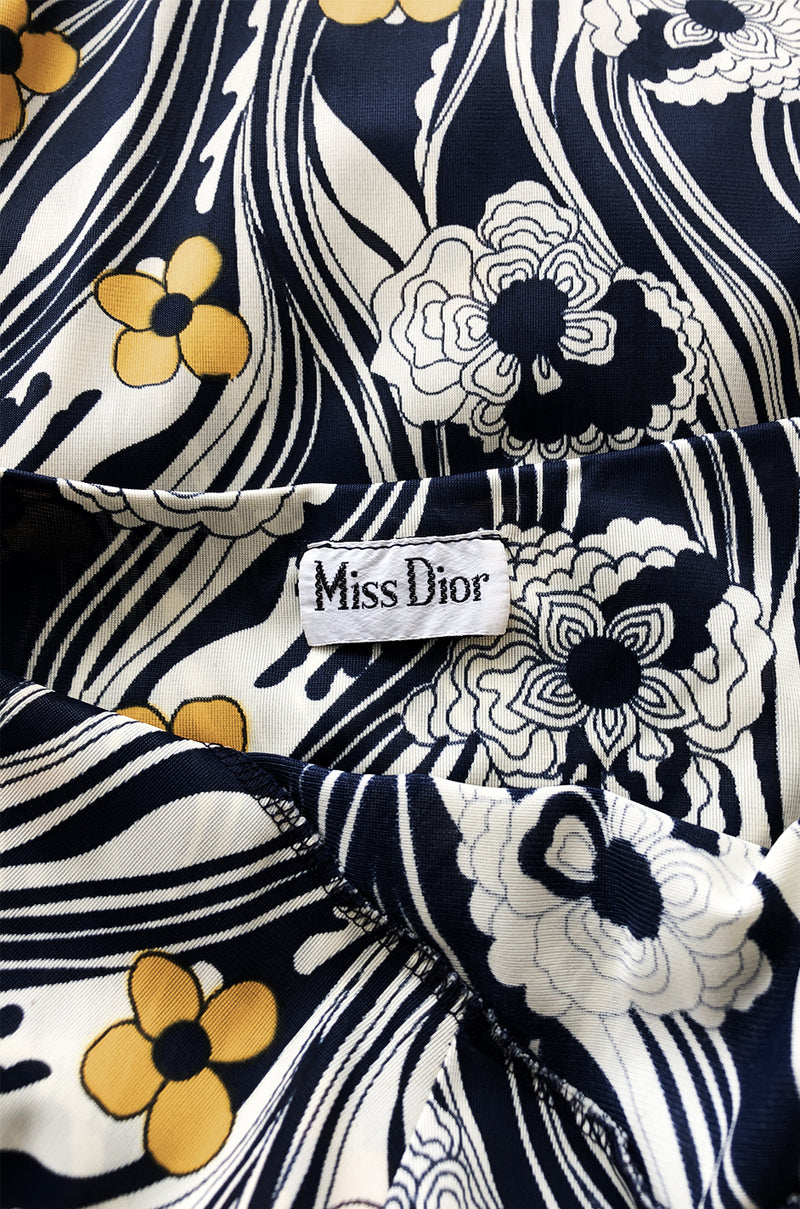 1970s Miss Dior Floral Printed Nylon Jersey Halter Neck Dress