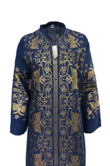 1960s Made in Greece Elaborate Metallic Gold Thread on Blue Caftan Dress