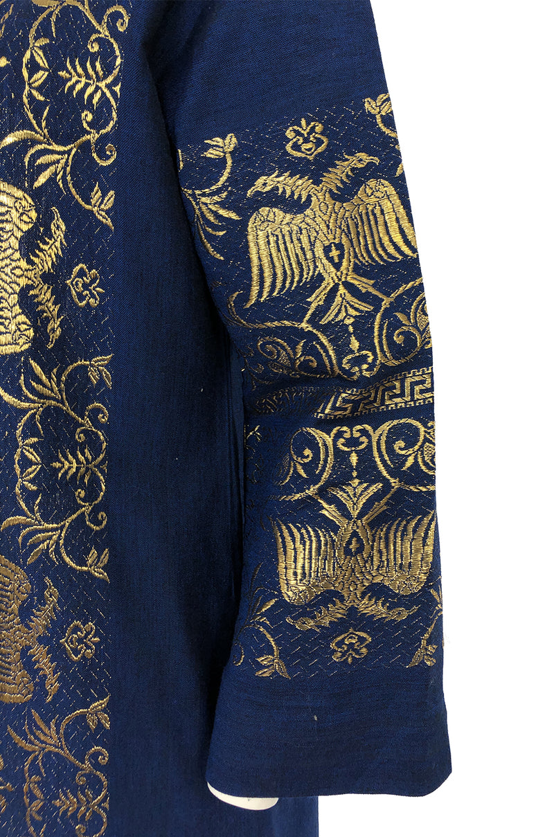 1960s Made in Greece Elaborate Metallic Gold Thread on Blue Caftan Dress