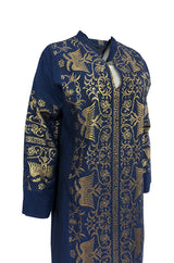 1960s Made in Greece Elaborate Metallic Gold Thread on Blue Caftan Dress