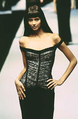 Original Fall 1997 Herve Leger Couture Lace & Bead Bandage Fitted Black Dress w Wide Straps