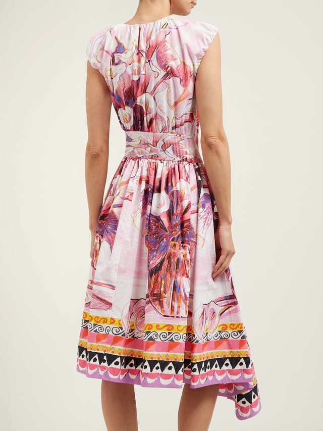 Prettiest Recent Prada Pink Flowerpot Postcard Print Cotton Dress w Asymetrical Hemline
