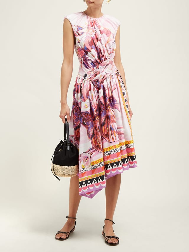 Prettiest Recent Prada Pink Flowerpot Postcard Print Cotton Dress w Asymetrical Hemline