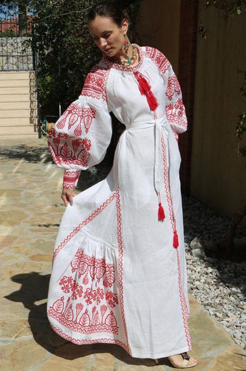 2017 Vita Kin White Linen Vyshyvanka  Red Embroidered Dress