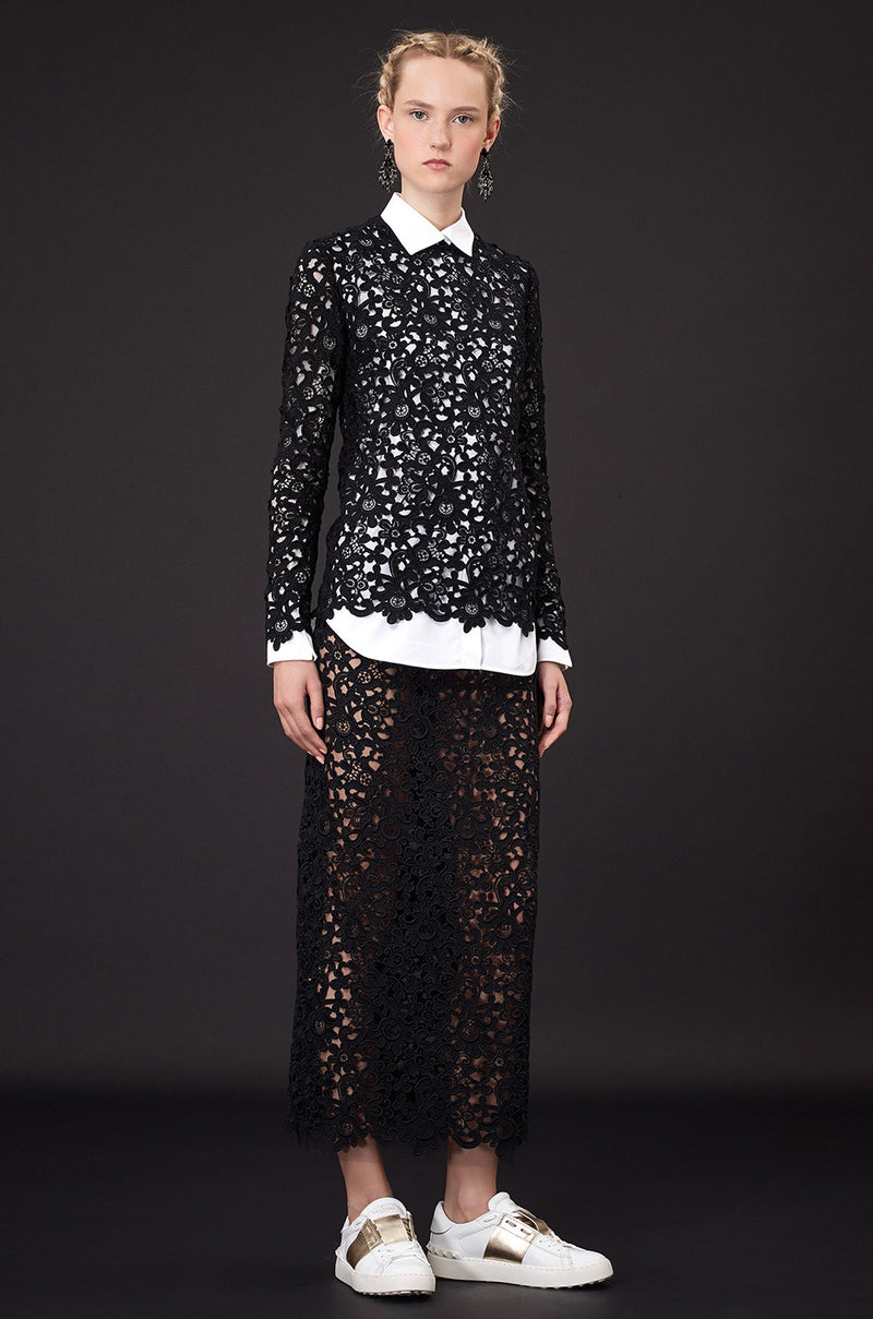 Resort 2015 Valentino Bold Black Lace Full Length Skirt w Matching Tunic / Mini Dress Set