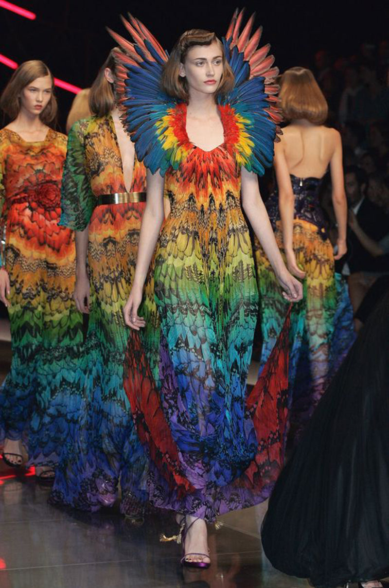 Spring 2008 Alexander McQueen Iconic Strapless Silk Chiffon Butterfly Rainbow Dress w Belt