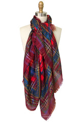 Huge 1970s Yves Saint Laurent Metallic Paisley & Plaid Fine Silk Wool Scarf