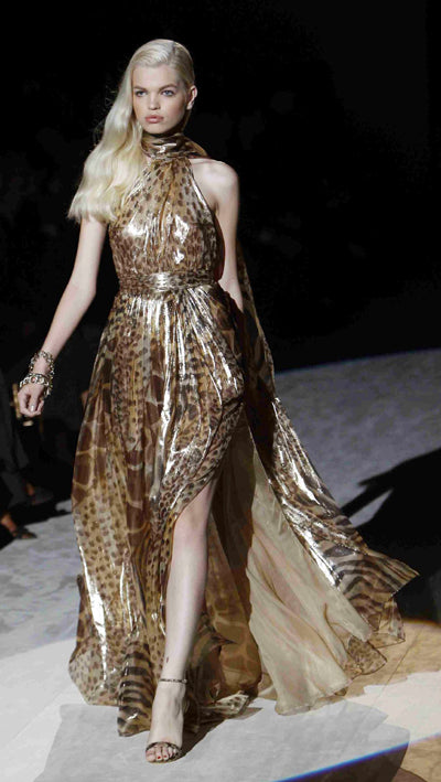 Spring 2012 Salvatore Ferragamo Runway Metallic Gold Silk Chiffon Animal Print Dress