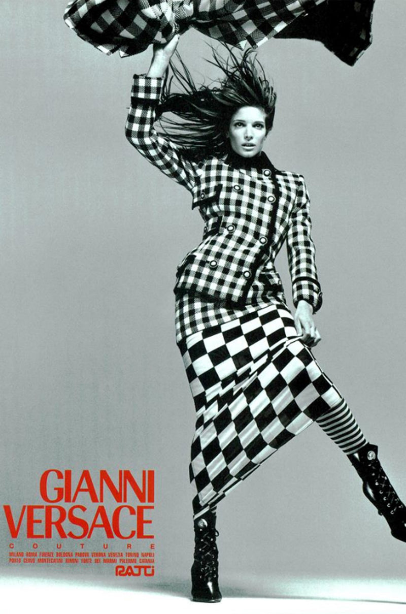 Rare Fall 1995 Gianni Versace Runway & Ad Campaign Black & White Check Shift Dress