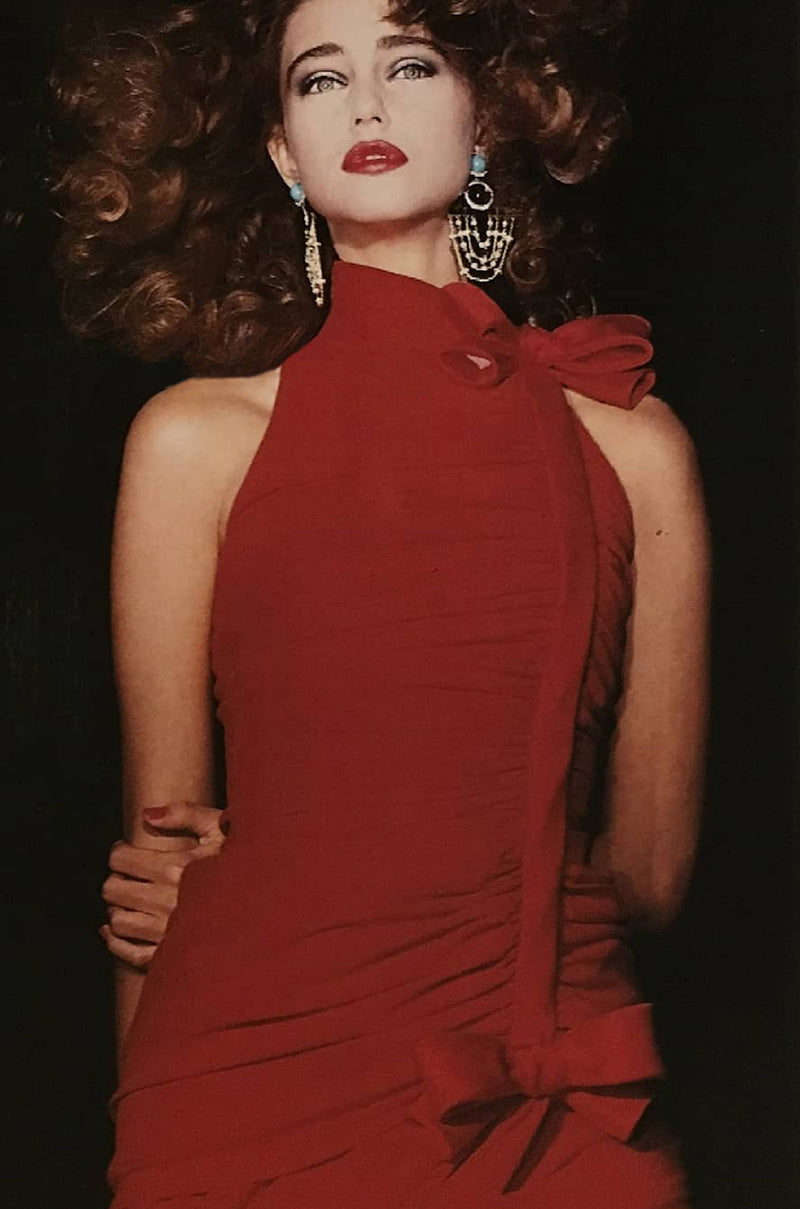 Documented Spring 1987 Valentino Haute Couture Red Silk Crepe Dress w Bow Details