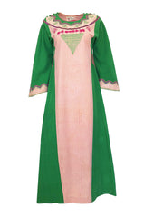 1960s Josefa Pink & Green Hand Embroidered Cotton Caftan Dress