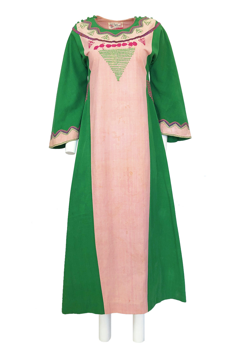 1960s Josefa Pink & Green Hand Embroidered Cotton Caftan Dress