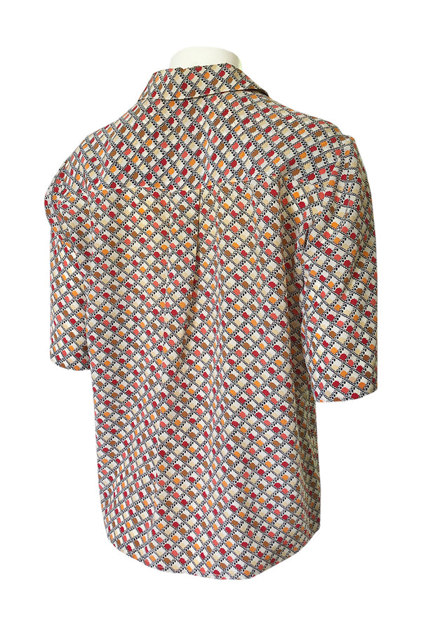 1970s Chloe Silk Geometric Earth Tones Print Short Sleeve Top